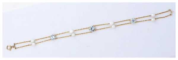 Art Nouveau Aquamarine & Natural Pearl Bracelet in 14k Yellow Gold