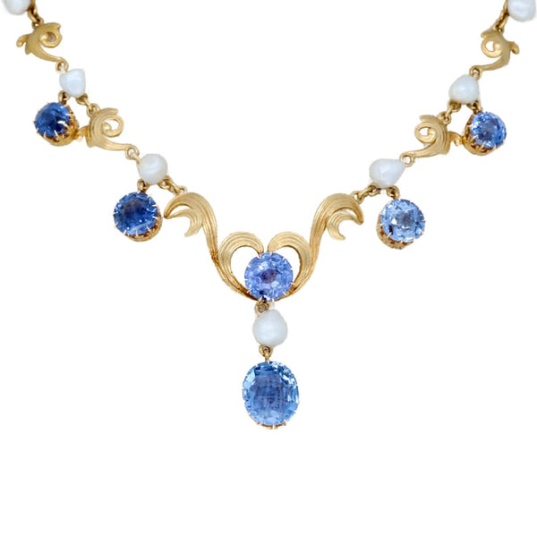 Art Nouveau GIA No Heat Ceylon Sapphire & Natural Saltwater Pearl Necklace in Yellow Gold Lavalier