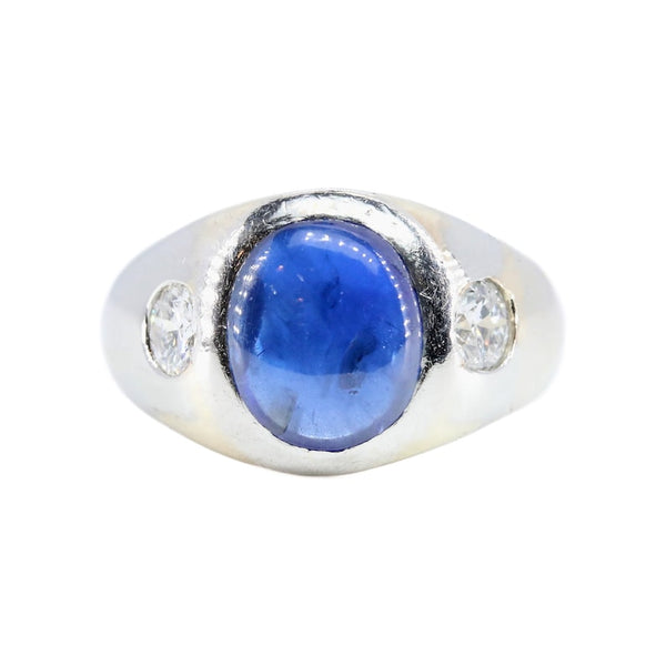 1920's Art Deco Burma Royal Blue GIA No Heat Cabochon Sapphire & Diamond Unisex Ring