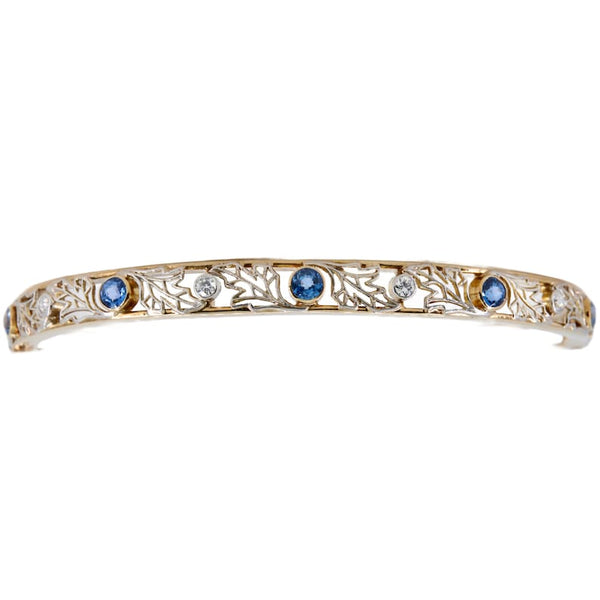 Art Nouveau Yogo Gulch Montana Sapphire, & Diamond Bangle Bracelet in Gold and Platinum