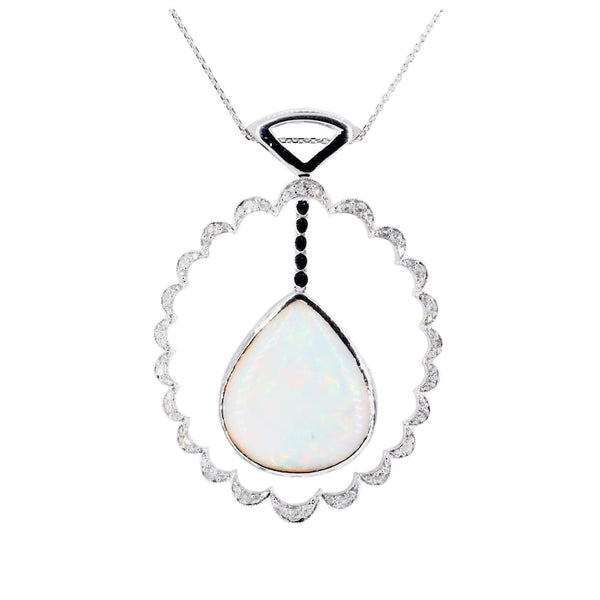 Edwardian Opal & Old Mine Cut Diamond Pendant Necklace in Platinum