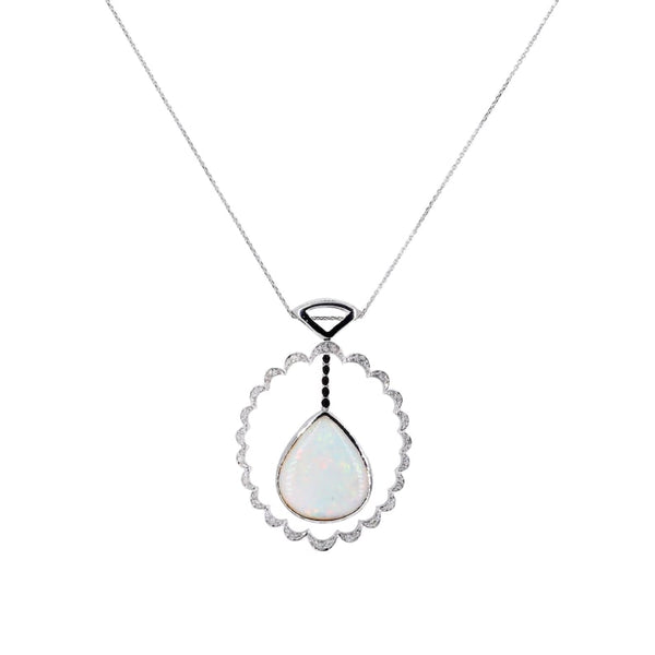 Edwardian Opal & Old Mine Cut Diamond Pendant Necklace in Platinum