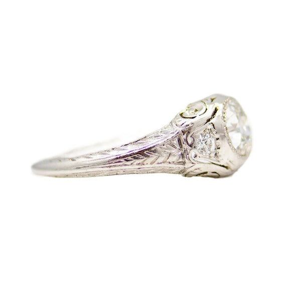 Sumptuously Engraved Art Deco Diamond Engagement Ring in Platinum