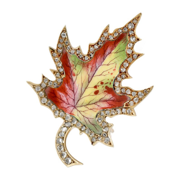 Birks Enamel & Diamond Maple Leaf Brooch in 15 Karat Yellow Gold Victorian