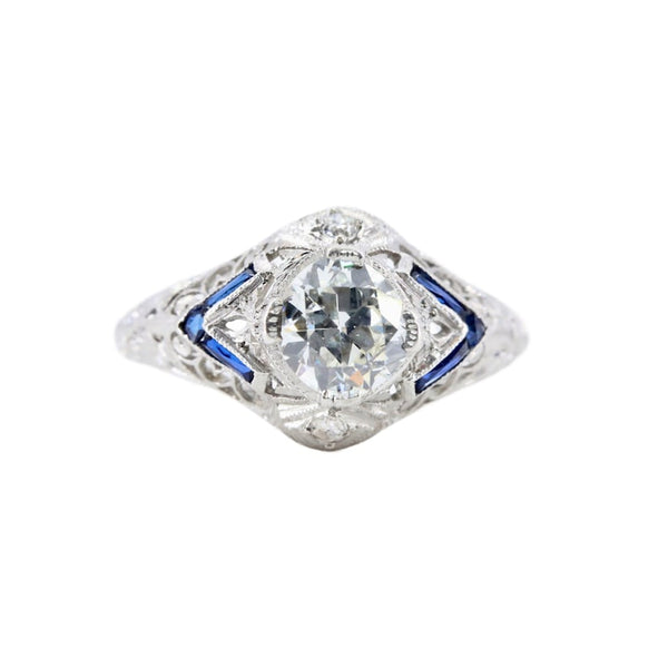 Art Deco 1.17 CTW Diamond & Sapphire Filigree Engagement Ring in Platinum