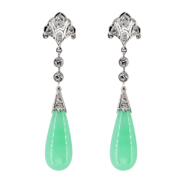 Art Deco Diamond & Jadeite Jade Dangle Drop Earrings in Platinum