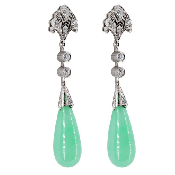 Art Deco Diamond & Jadeite Jade Dangle Drop Earrings in Platinum