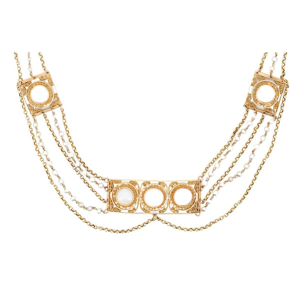 Victorian Greek Revival Natural Pearl Filigree Necklace in 18K Yellow Gold French