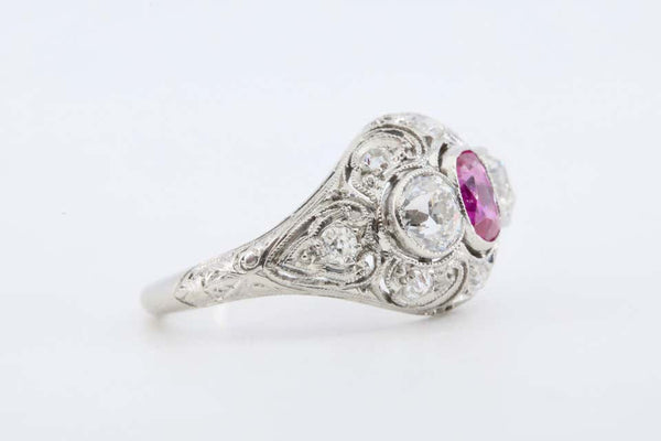 Edwardian GIA Burma No Heat Ruby & Diamond Filigree Ring