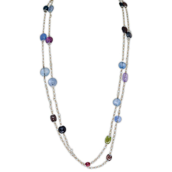 French Victorian No Heat Multicolor Sapphire & Natural Pearl Opera Length Necklace Chain
