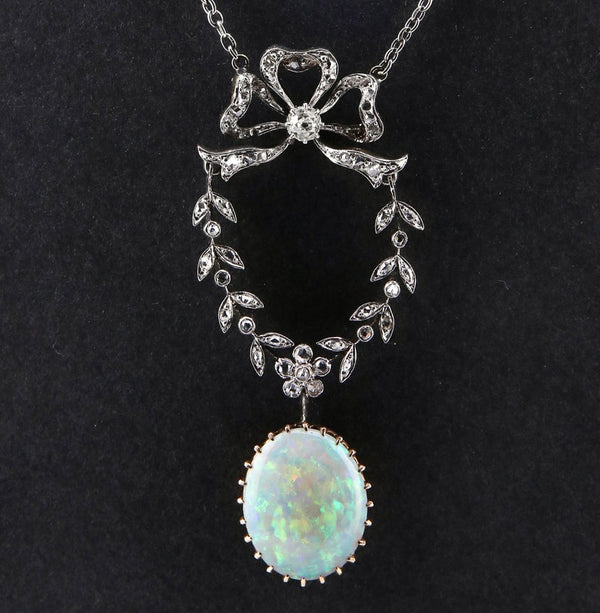 Edwardian Australian Opal and Diamond Pendant Necklace in Platinum over Gold