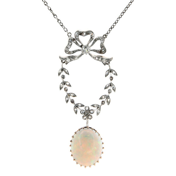 Edwardian Australian Opal and Diamond Pendant Necklace in Platinum over Gold