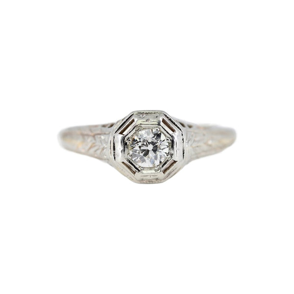 Art Deco 0.20 Carat Old European Cut Diamond Engagement Solitaire Ring in 18K White Gold