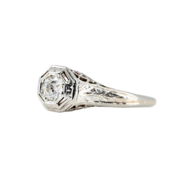 Art Deco 0.20 Carat Old European Cut Diamond Engagement Solitaire Ring in 18K White Gold