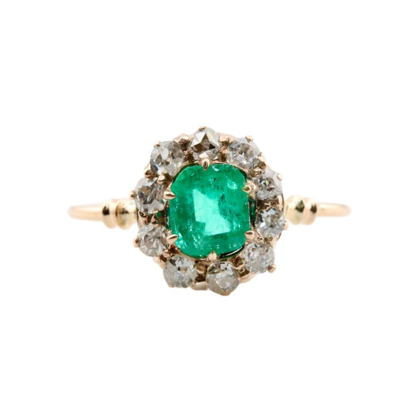 Victorian Emerald and Old Mine Cut Diamond Halo Ring in 14 Karat Yellow Gold