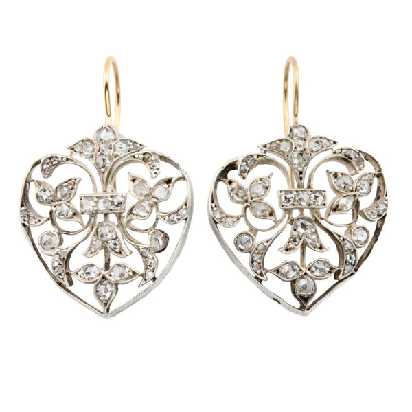 French Victorian Rose Cut Diamond Heart Motif Earrings in Silver, 18 Karat Gold