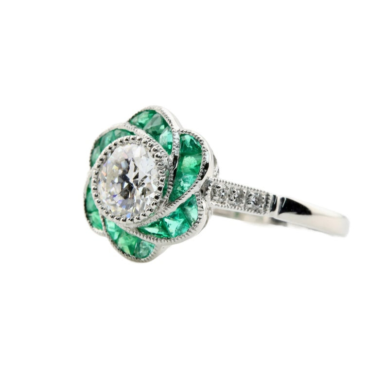 Floral Art Deco Old European Diamond & Emerald Engagement Ring in Platinum
