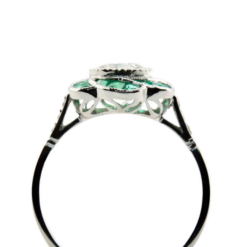 Floral Art Deco Old European Diamond & Emerald Engagement Ring in Platinum