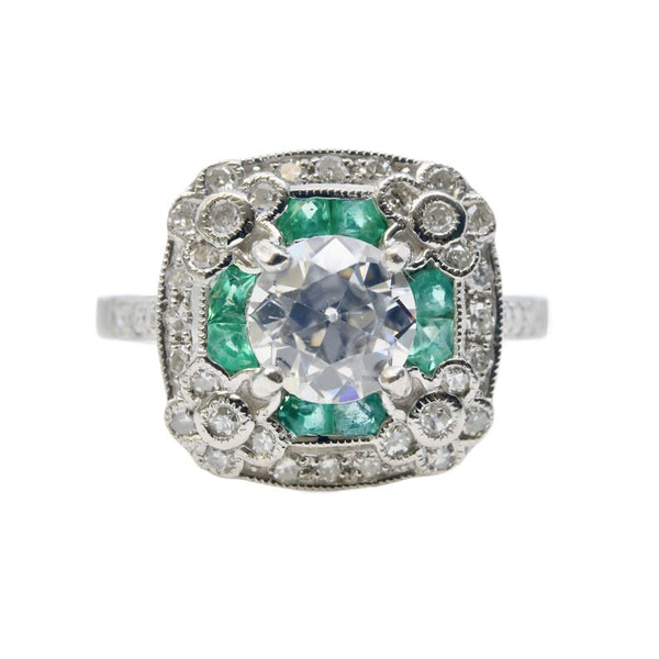 Art Deco Diamond & Emerald Floral Motif Engagement Ring in Platinum