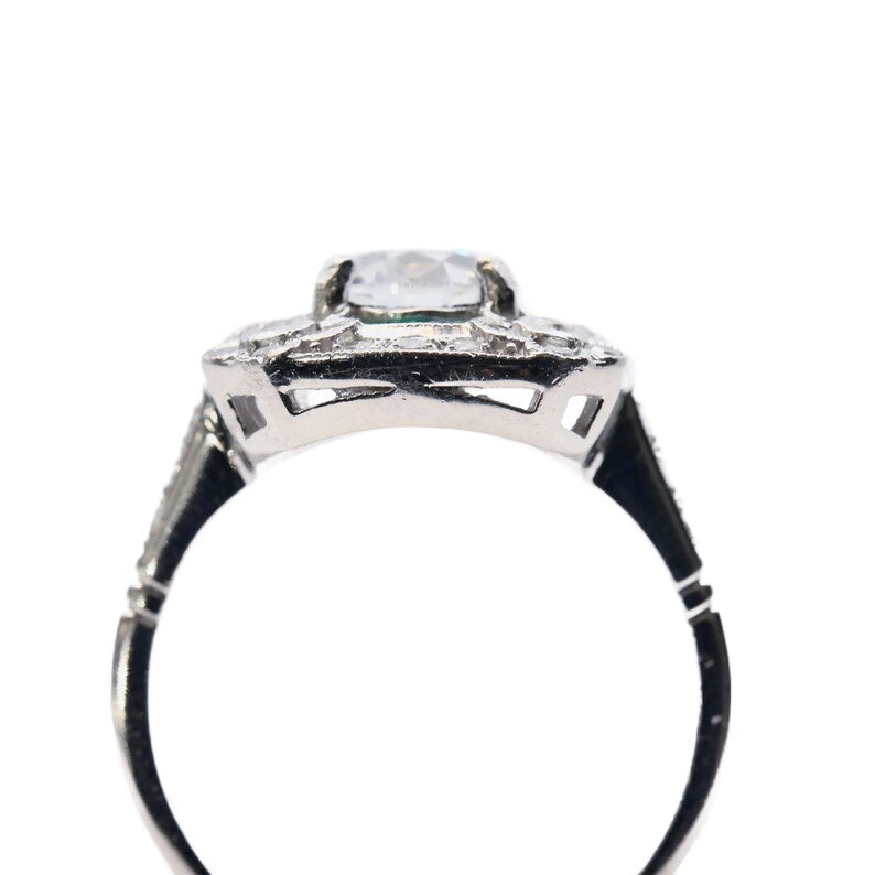 Art Deco Diamond & Emerald Floral Motif Engagement Ring in Platinum