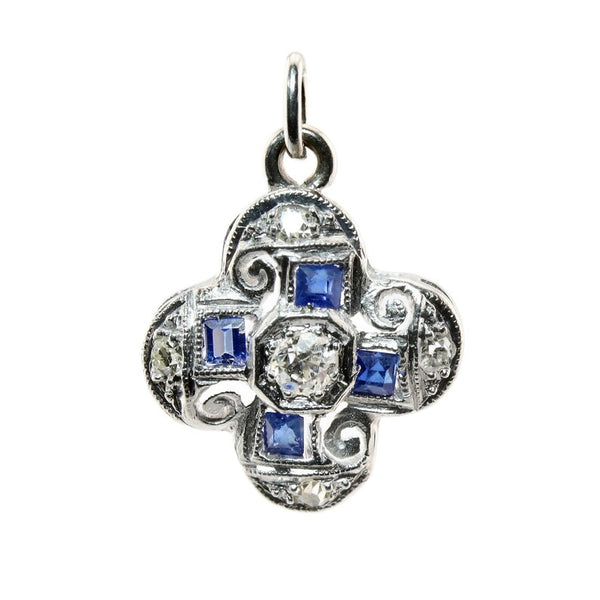 Floral Art Deco Diamond & Sapphire Charm in Platinum Flower Circa 1920's