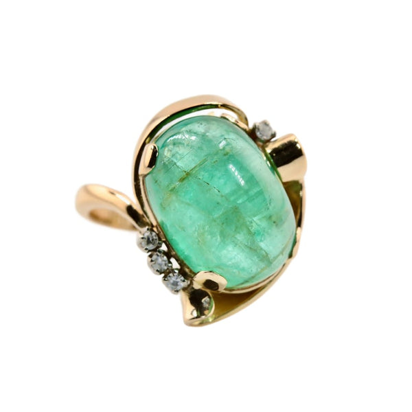 Mid Century 10.50 Carat Cabochon Emerald and Diamond Ring in 18K Gold and Platinum