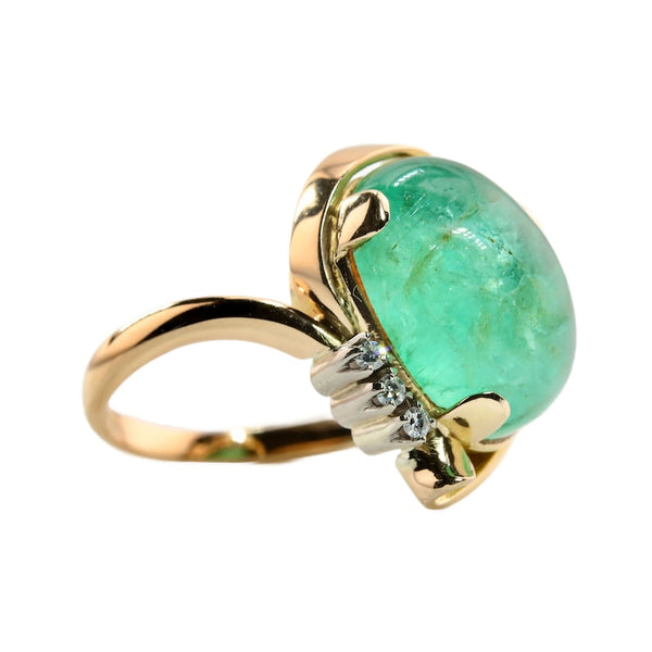 Mid Century 10.50 Carat Cabochon Emerald and Diamond Ring in 18K Gold and Platinum