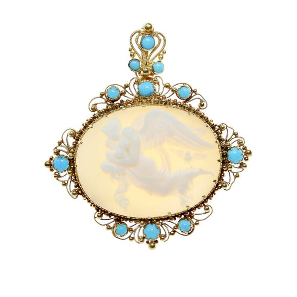 Victorian Nyx Goddess of Night and Precious Cargo Cameo & Turquoise Pendant Necklace