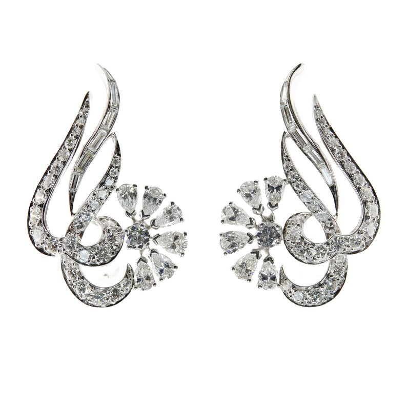 Mid Century 3.54ctw Platinum & Diamond Abstract Earrings