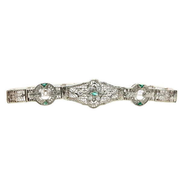 Art Deco Diamond & Emerald Filigree Bracelet in 14K White Gold