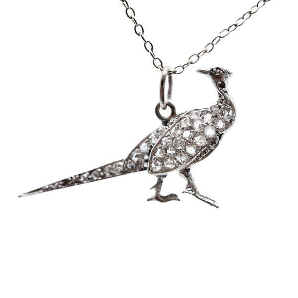 Edwardian Diamond Pheasant Bird Pendant Charm in Platinum