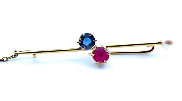 Tiffany & Co Patriotic Ruby, Sapphire, Pearl Brooch in 18K Yellow Gold