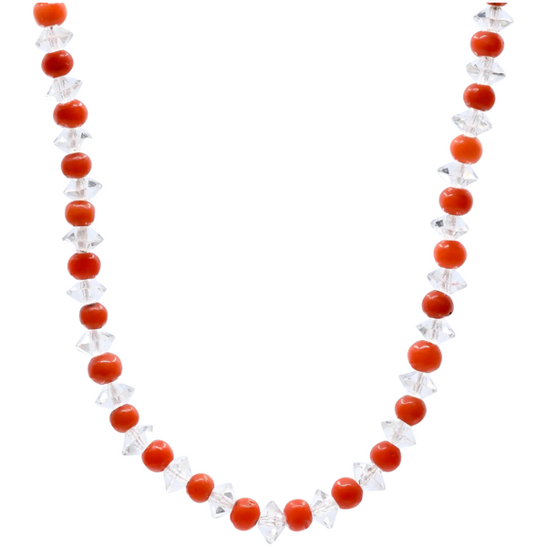 1920's French Art Deco Coral, Rock Crystal, and Diamond Necklace