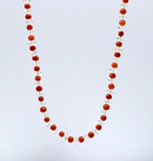 1920's French Art Deco Coral, Rock Crystal, and Diamond Necklace