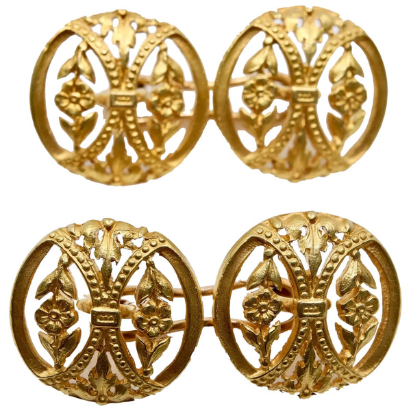 Antique French Floral Art Nouveau Mens Cufflinks in 18K Gold