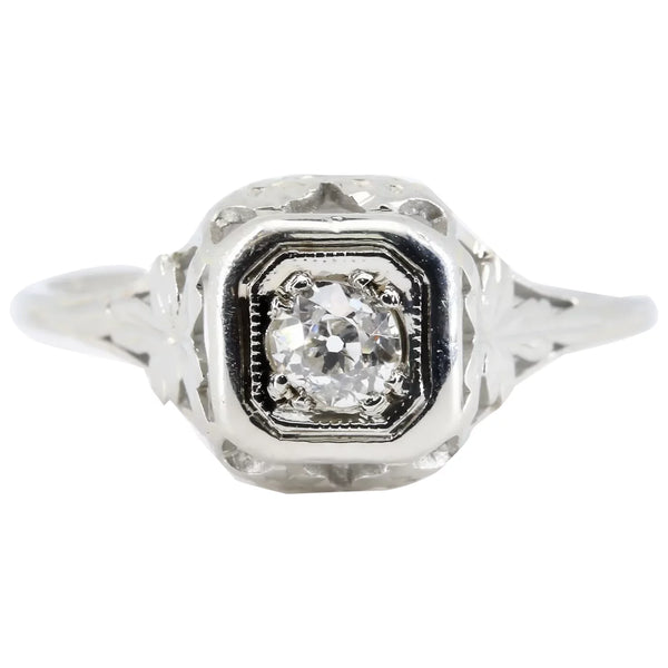 Art Deco 0.20ct Floral Filigree Engagement Ring Solitaire in 18K White Gold