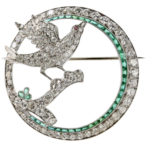 Art Deco Dove with Olive Branch Diamond and Emerald Circle Brooch in Platinum