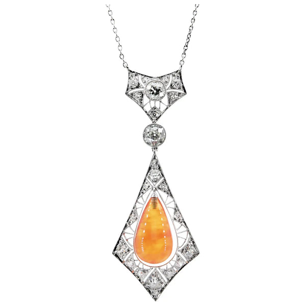 Art Deco Fire Opal & 3.32 CTW Diamond Necklace in Platinum
