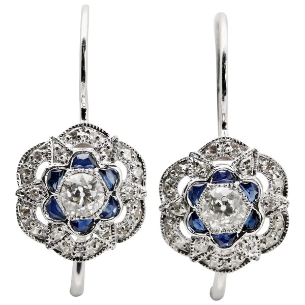Art Deco Style Diamond & Sapphire Flower Motif Earrings in 14K White Gold