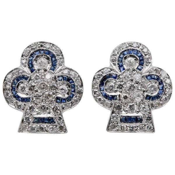 Art Deco Suit of Clubs Diamond & Sapphire Earrings in Platinum