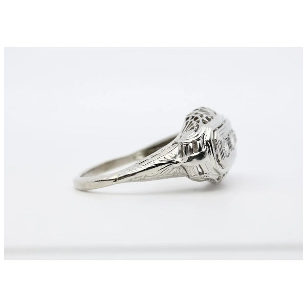 Art Deco Three Stone Diamond Filigree Ring in 18K White Gold