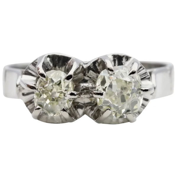 Art Deco Toi et Moi 0.97 Carat Old Mine Cut Diamond Ring in 18K White Gold