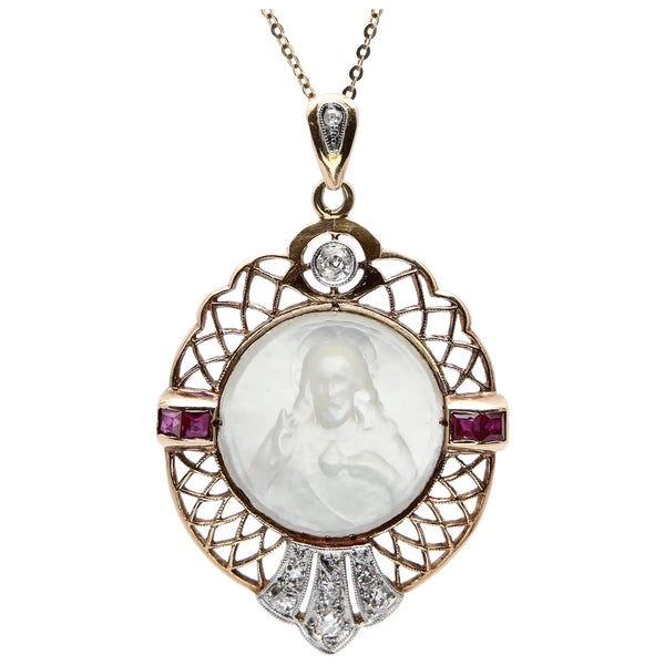 Art Nouveau Carved Mother of Pearl & Diamond Jesus Religious Pendant in 18K Gold