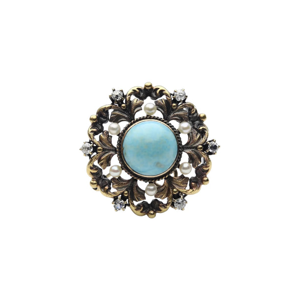 Art Nouveau Krementz Turquoise, Mine Cut Diamond, and Pearl Pendant Brooch in 14K Gold