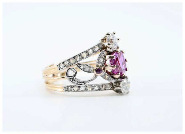 Art Nouveau No Heat Pink Sapphire and Diamond Ring in 18K, Platinum