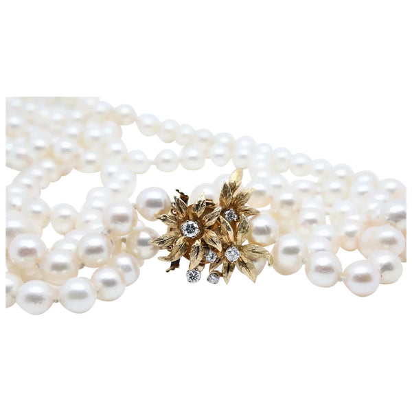 Double Strand South Sea 7.5mm Pearl & Diamond Floral Motif Necklace in 18K Gold, Platinum