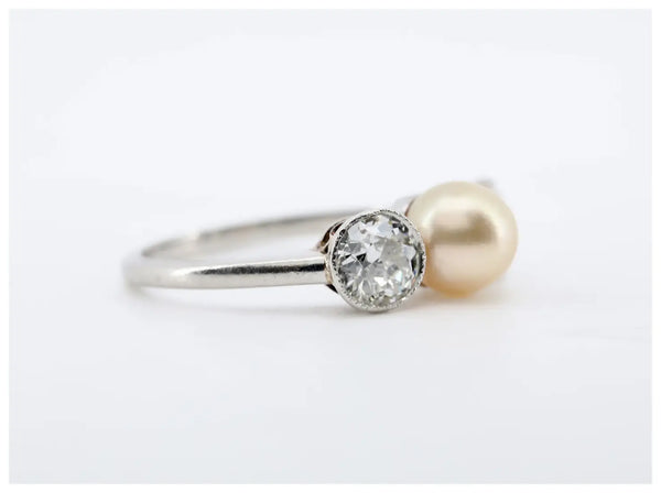 Edwardian Natural Pearl & Old European Cut Diamond Three Stone Ring in Platinum