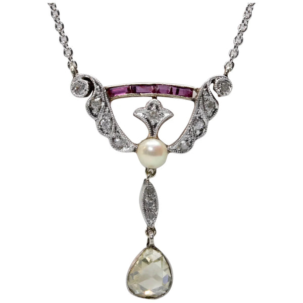 Edwardian Rose Cut Diamond & Ruby Drop Necklace in Platinum