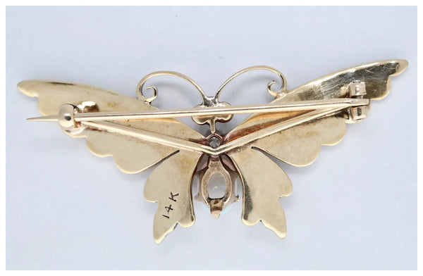 Fluttering Victorian Diamond Opal & Pearl Butterfly Brooch in 14K Yellow Gold
