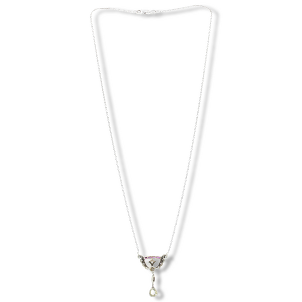 Edwardian Rose Cut Diamond & Ruby Drop Necklace in Platinum